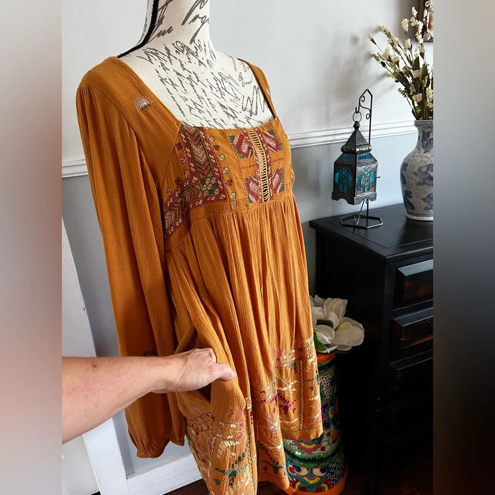 NWT Free People Mustard Yellow Bishop Sleeve Sundress Embroidered Small Mini
